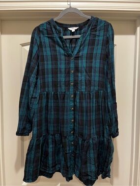 Women's Teal and Navy Plaid Button-Front Dress